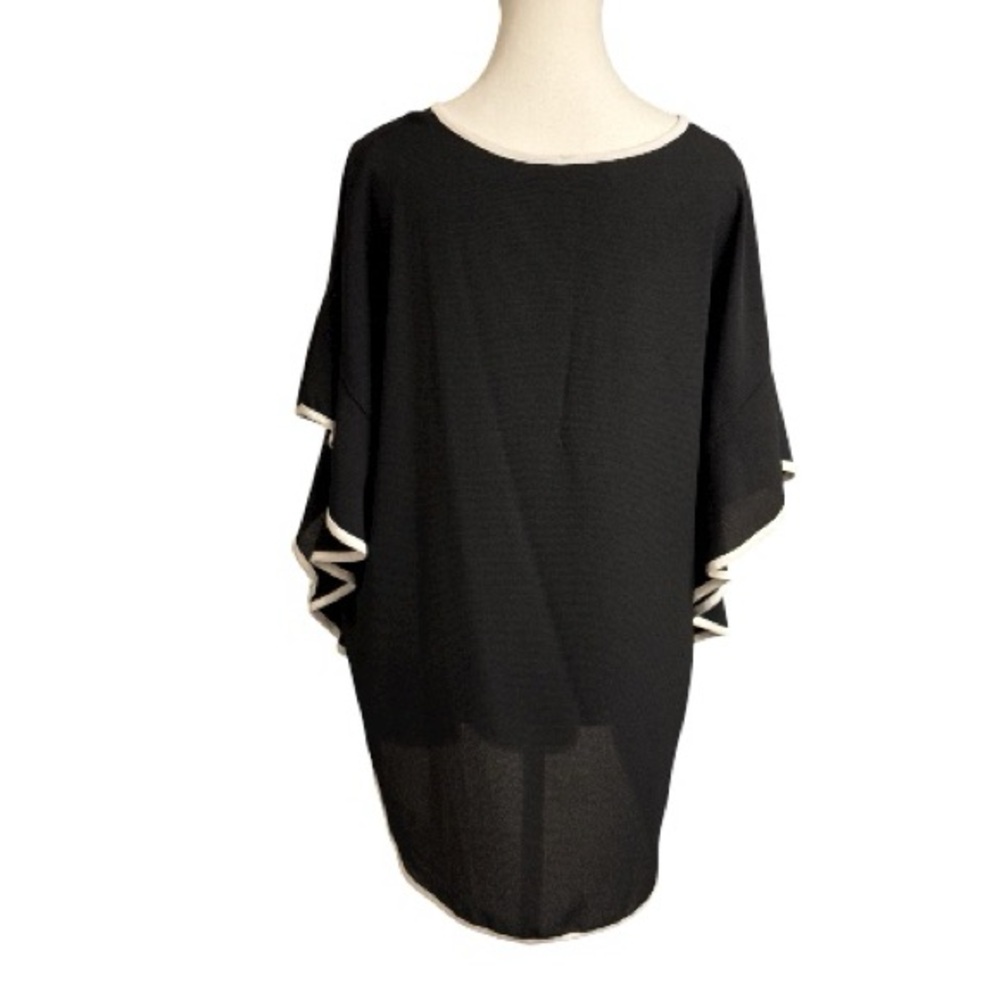 Black Poncho Top Made in USA Contrast Trim Flutter Sleeve Oversized - L - Picture 5 of 10